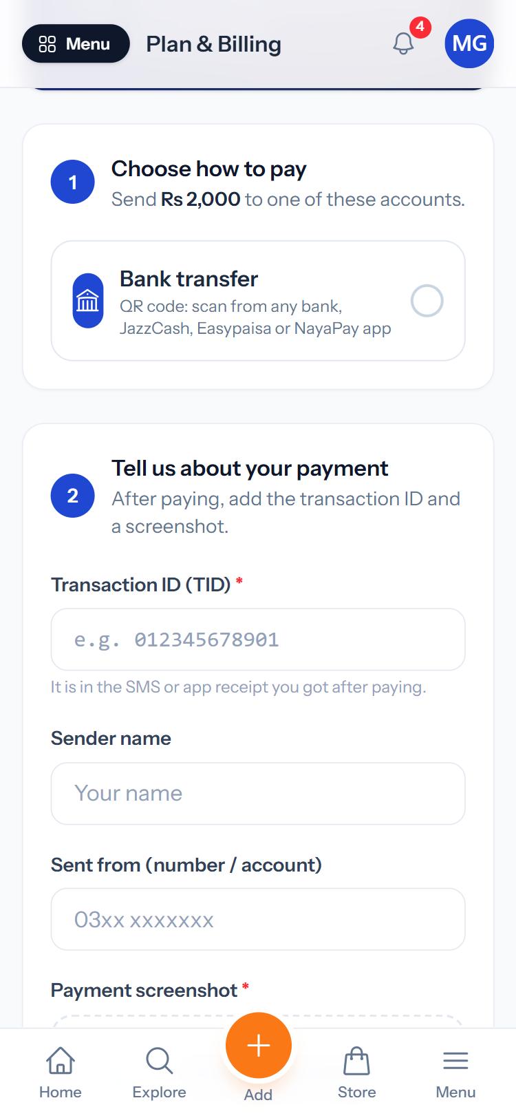 The payment details form