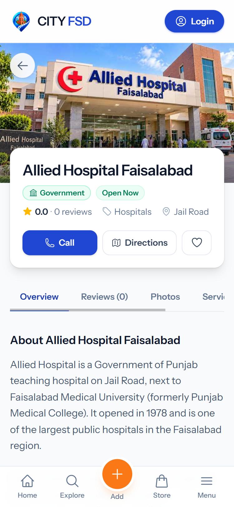 کاروبار کا صفحہ جس پر Call، Directions اور Save کے بٹن ہیں