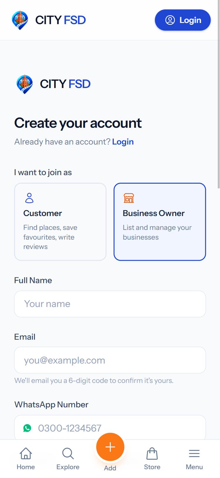 The Create your account form with Customer and Business Owner options