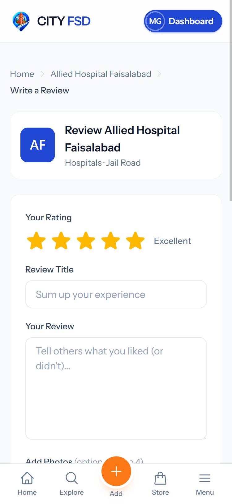 The write a review form with stars, title and text
